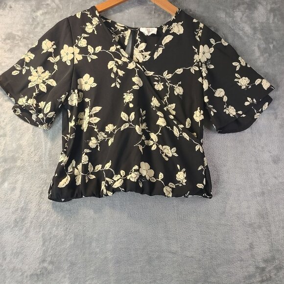 Womens Floral XS Black White Peplum Ruffle Hem‎ Casual Y2K babydoll Cropped Top - Picture 1 of 13